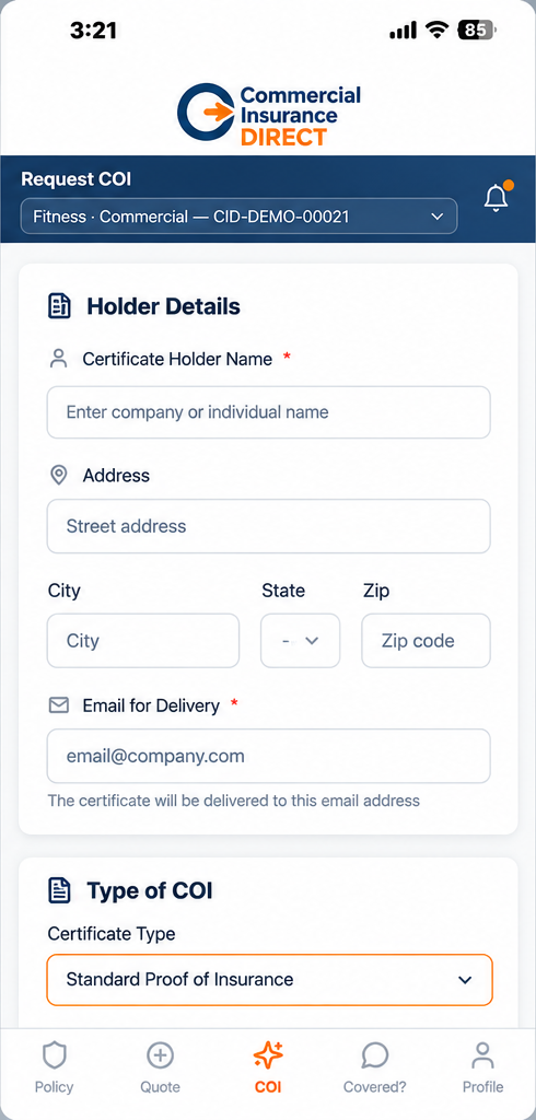 Sample CID Connect certificate request screen