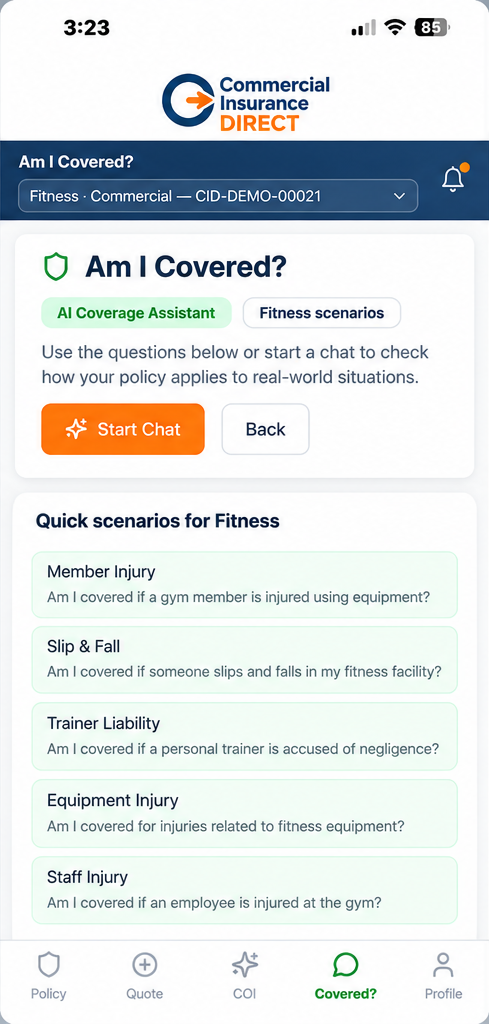 Sample CID Connect coverage questions for a fitness business