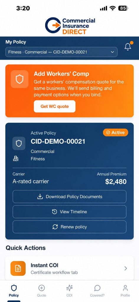 Sample CID Connect policy screen for a demo fitness business